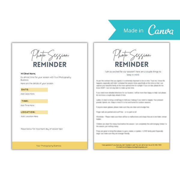 Photography Client Session Reminder with Tips Template, Photography Session Reminder, Canva Template for Photographers
