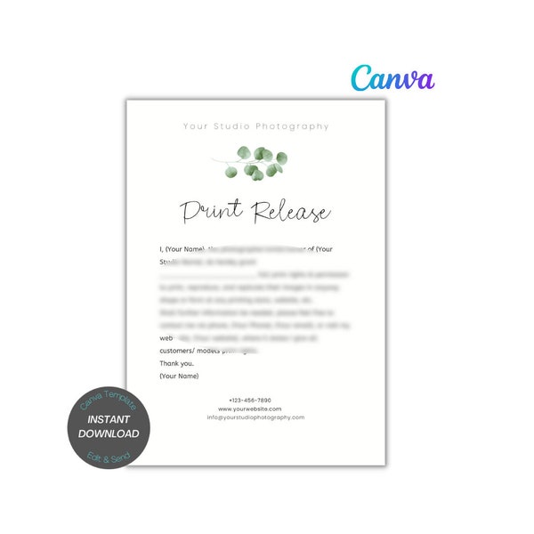 Print Release for Photographers, Editable Canva Print Release Template, Photography Print Release Template Print Release Template