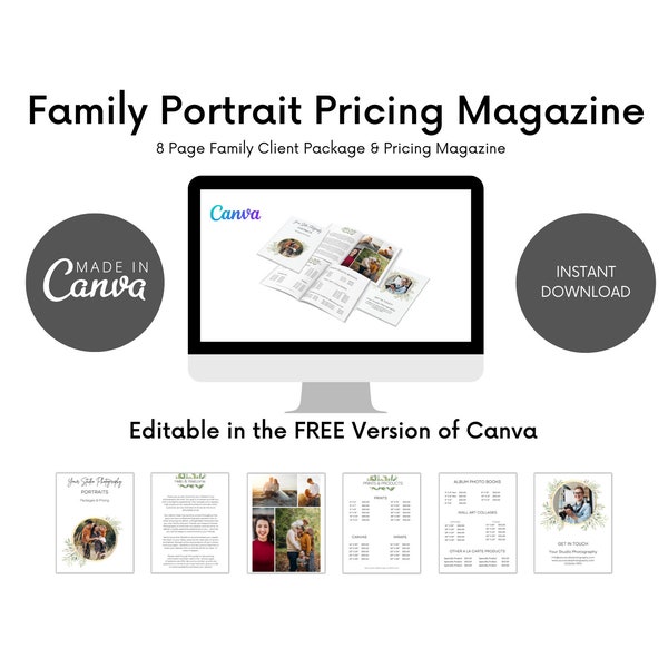 Family Portrait Pricing Magazine Canva Template for Photographers, Photography Client Guide, Photography Client Guide Template Magazine