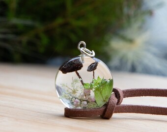 Tiny real mushroom necklace, Resin terrarium necklace, Botanical jewelry