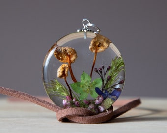 Real mushroom necklace, Resin flower necklace, Fantasy necklace, Pressed flower necklace