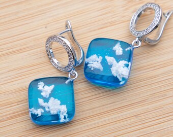 Pendientes de resina, Pendientes de cielo azul, Joyas de cielo, Pendientes de nubes