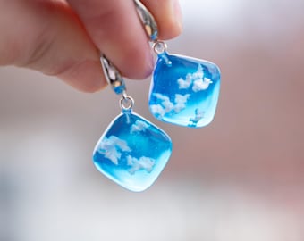 Pendientes de resina, Pendientes de cielo azul, Joyas de cielo, Pendientes de nubes