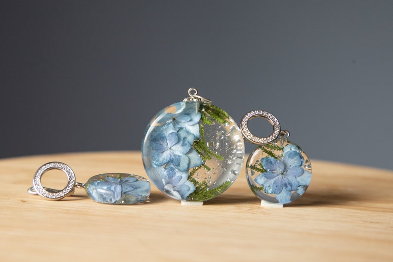 Resin set of jewelry with real hydrangea, Dried flower resin jewelry, Mothers day gift from daughter image 1