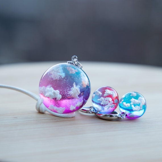 Sky jewelry, Resin jewelry set, Anniversary Gift for Her, Cloud necklace and earrings