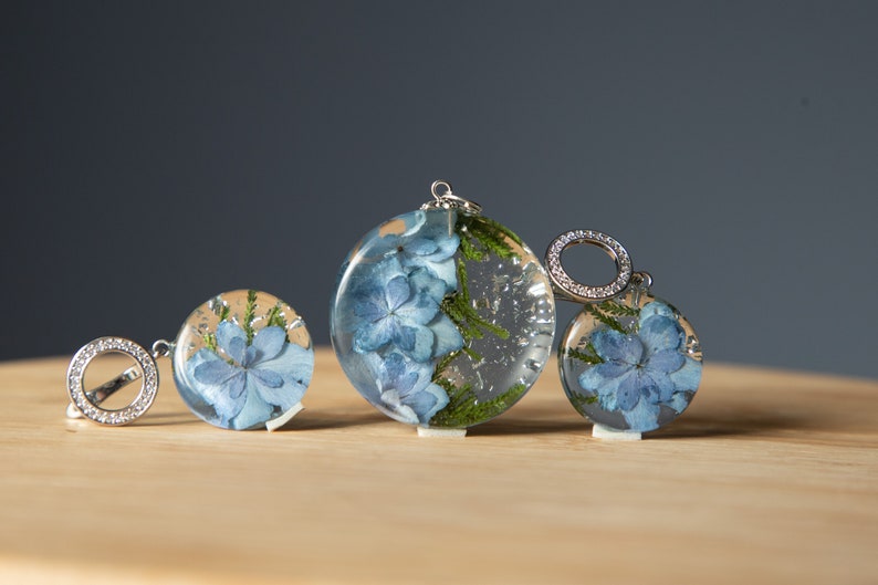 Resin set of jewelry with real hydrangea, Dried flower resin jewelry, Mothers day gift from daughter image 2