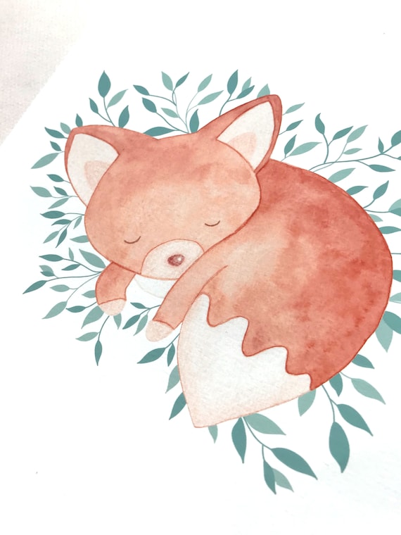 Art Print Aquarelle Bebe Renard Endormi Fait Main Etsy