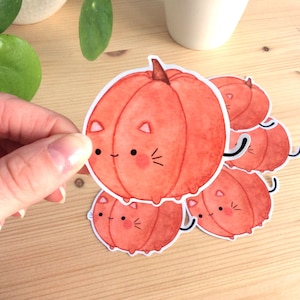STICKER - Cute Pumpkin Cat - Handmade Watercolor Stickers - Thanksgiving Sticker - Matte Stickers - Laptop Stickers - Halloween stickers