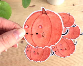 STICKER - Cute Pumpkin Cat - Handmade Watercolor Stickers - Thanksgiving Sticker - Matte Stickers - Laptop Stickers - Halloween stickers