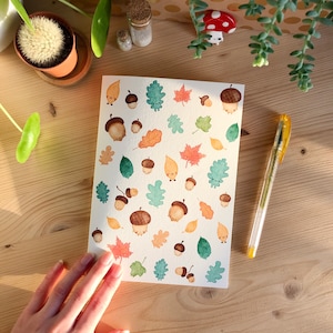 NOTEBOOK - Aquarel bladeren en eikels van de herfst - Handgemaakte Notebook -