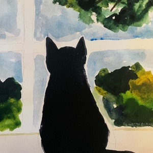 Puede incluir: Un gato negro se sienta junto a una ventana mirando un paisaje de acuarela verde y azul. El texto "oh fucking hell another day" está escrito debajo del gato.