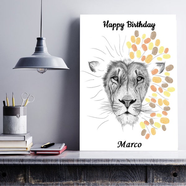 Lion for fingerprints instant download decoration wedding birthday party thumbprint drawing animal creative gift wild king event memory