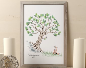 Tree with Fox instant download fingerprint gift for teacher anniversary guest book thumbprint art retirement birthday party present