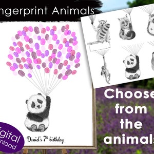 May include: A printable digital download for a fingerprint animal birthday party. The image shows a panda holding pink and purple fingerprint balloons. The text "Daniel's 7th birthday" is at the bottom of the page. The image also shows a variety of other animals, including a lemur, a fox, a hedgehog, a monkey, and a penguin.