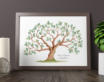 May include: A watercolor painting of a tree with green leaves and a brown trunk. The tree is surrounded by a white background. The text "Kate & Theodore 20.8.2020" is written below the tree.