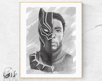 Black Panther Chadwick Boseman Drawing, Superhero Poster (Digital Download)