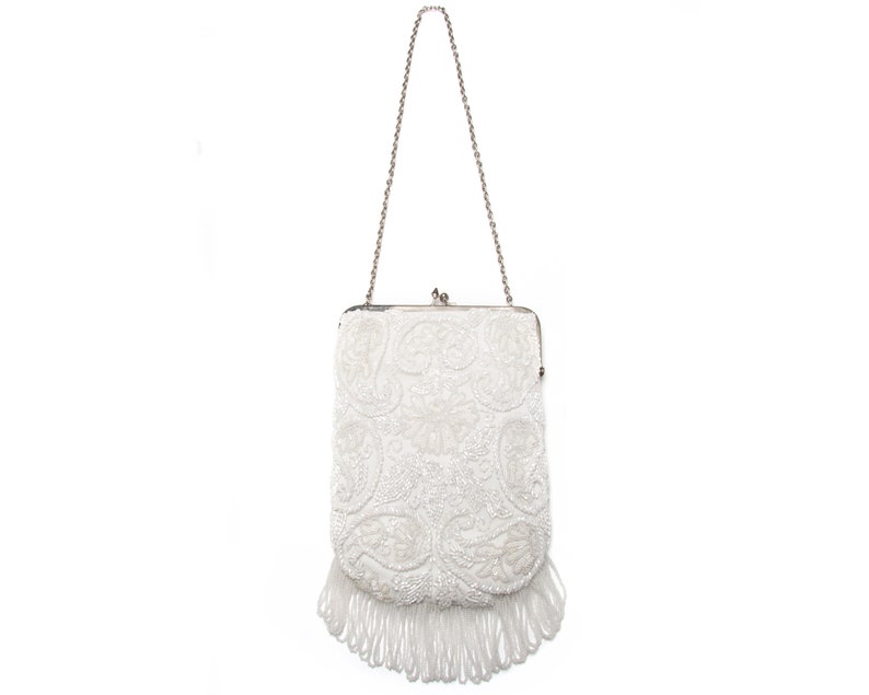 1920s Style Purses, Flapper Bags, Handbags Vintage White Purse | Formal Purse | Wedding Purse | Cocktail Purse | Evening Bag | Beaded Wrist Bag | Clutch Bag | Bridal Bag $104.70 AT vintagedancer.com