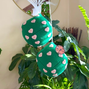 Oversized Green Fuzzy Dice with Pink Hearts / Groovy 70s Hanging Car Dice /Interior Rearview Mirror Decor / Boho Style / Gifts for Teens