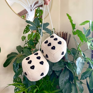 Oversized Cream Fuzzy Plush Dice with Black Hearts / Groovy 70s Hanging Car Dice /Interior Rearview Mirror Decor / Unique Car Gift / Hot Rod