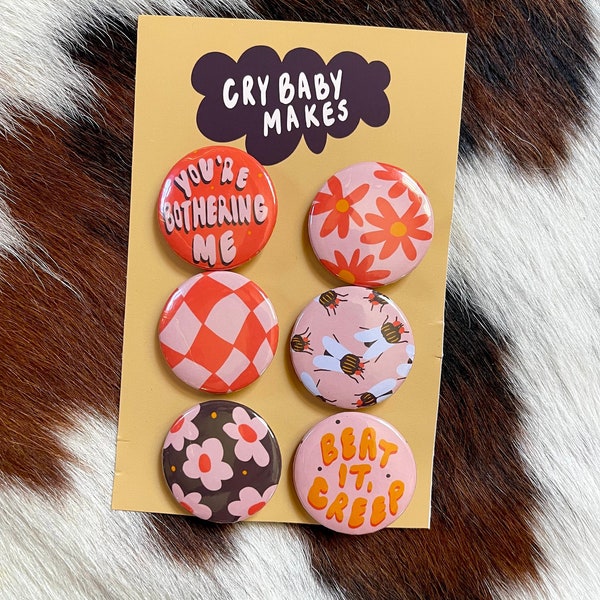 1.25” Metal Pin Button Pack / Trendy Pastel Pins / Patterned Buttons / Checkered / Floral / Fly / Funny Phrases / Cute Pins for Vest / Y2K