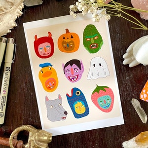Halloween Costume Cartoon Heads Art Illustration Print