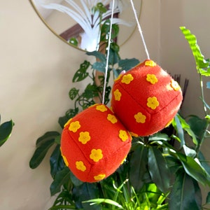 Oversized Orange Fuzzy Dice with Yellow Flowers / Groovy 70s Hanging Rearview Mirror Charm