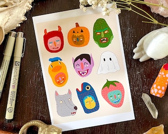 May include: A colorful illustration of various Halloween characters, including a pumpkin, a vampire, a ghost, a werewolf, a fish, a strawberry, a wolf, and a devil. The characters are drawn in a cartoon style with bright colors and bold outlines.