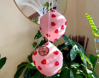 Oversized Pink Hanging Car Dice Accessory with Red Hearts / Interior Rearview Mirror Decor / 70s Inspired Boho