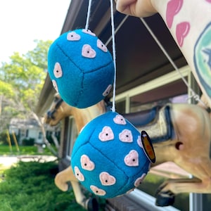 CLEARANCE | Rearview Mirror Blue Fuzzy Dice with Pink Hearts | Cute Girly Car Decor | Unique Gifts for Teens | Interior Charms