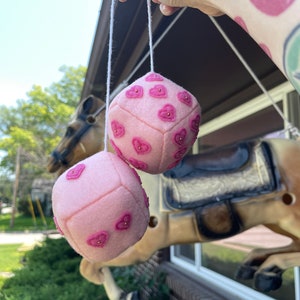 3” Pastel Pink Plush Chunky Barbie Car Dice with Pink Pink Love Hearts // Rearview Mirror Ornaments/ Cute Car Accessories / Retro / Girly