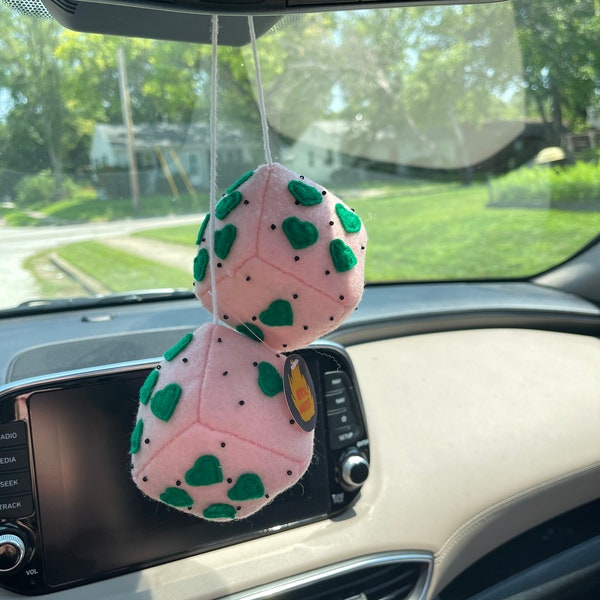 3” Pastel Pink and Green Plush Fuzzy Car Dice with Hearts // Rearview Mirror Ornaments/ Cute Car Accessories / Retro / Girly