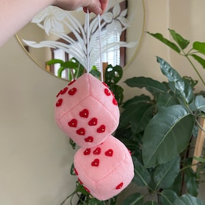 Pastel Pink Fuzzy Dice with Red Hearts / Hanging Car Dice / Interior Rearview Mirror Decor / Gifts for Teens / Charms / Hangers / Dangles