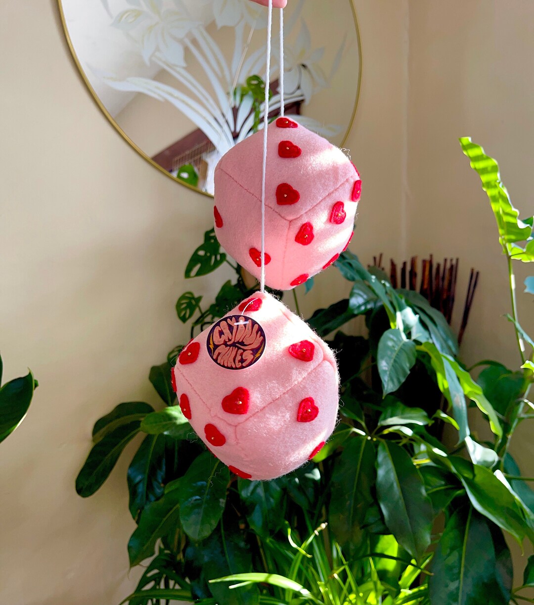 Oversized Pastel Pink Boho Car Dice With Red Hearts, Interior Rearview