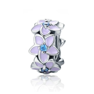 925 Sterling Silver Purple Flower Charm Bead Fits European Charm Bracelet