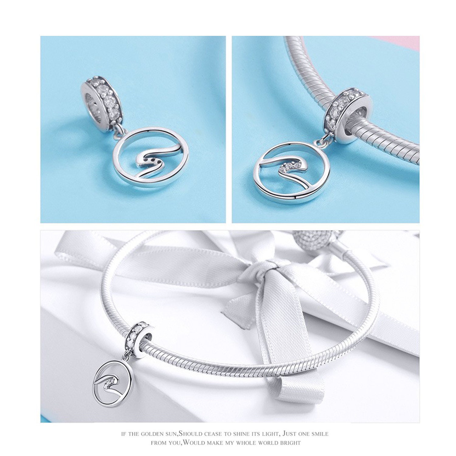 925 Sterling Silver Wave Charm Fits Charm Bracelet Pendant