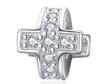 925 Sterling Argento Bianco Croce Cristallo Charm Bead Si adatta al braccialetto di charme europeo