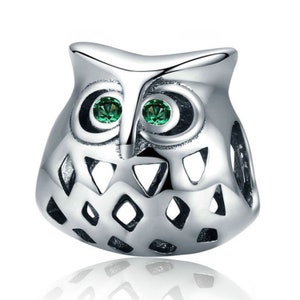 925 Sterling Silver Green Owl Charm Bead per Charm Bracelet Ciondolo