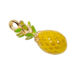 Può includere: Un ciondolo a forma di ananas dorato con la parte superiore in smalto verde e il corpo in smalto giallo. Il ciondolo ha un anello per attaccarlo a una collana o un braccialetto.