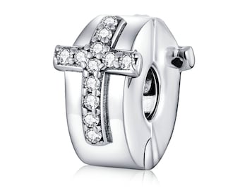 Perlina fermaglio a croce in argento sterling 925, adatta per ciondoli Pandora e bracciali con ciondoli europei.