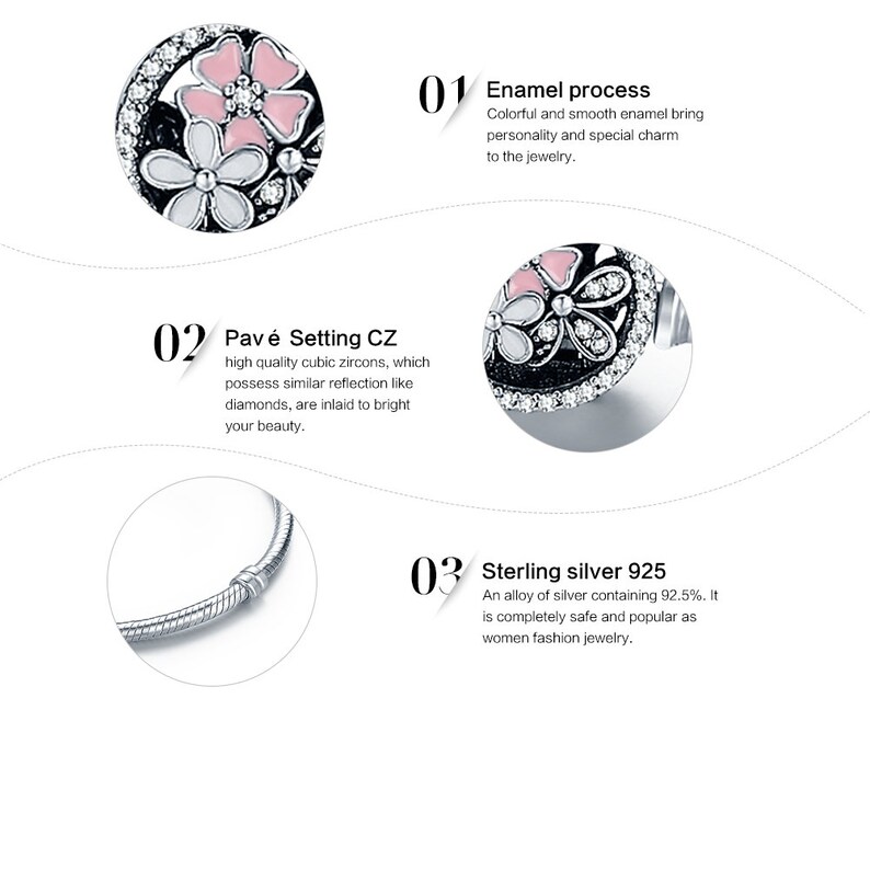 Solid 925 Sterling Silver Pink Flower Enamel Snap Clasp Snake Bracelet