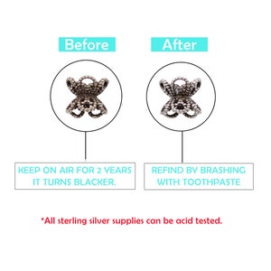 May include: Image showing two silver-colored metal bead caps, one before and one after cleaning. The text explains that the metal turns black over time and can be cleaned with toothpaste. The text also states that all sterling silver supplies can be acid tested.
