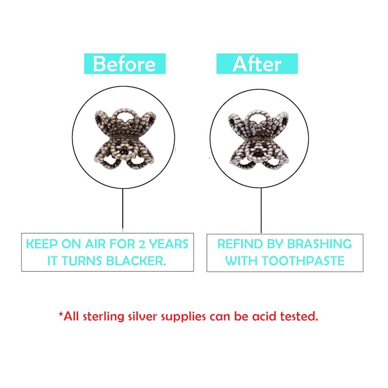 May include: Image showing two silver-colored metal bead caps, one before and one after cleaning. The text explains that the metal turns black over time and can be cleaned with toothpaste. The text also states that all sterling silver supplies can be acid tested.