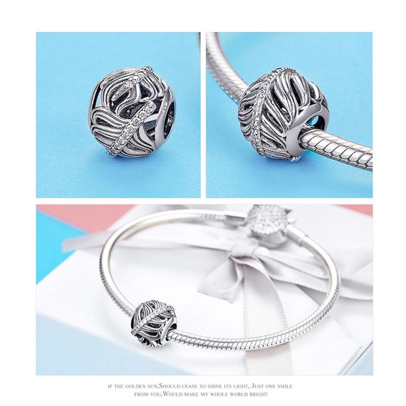 Sterling Silver Feather Charm Pendant - 925 Silver Bead For Pandora & European Style Bracelets