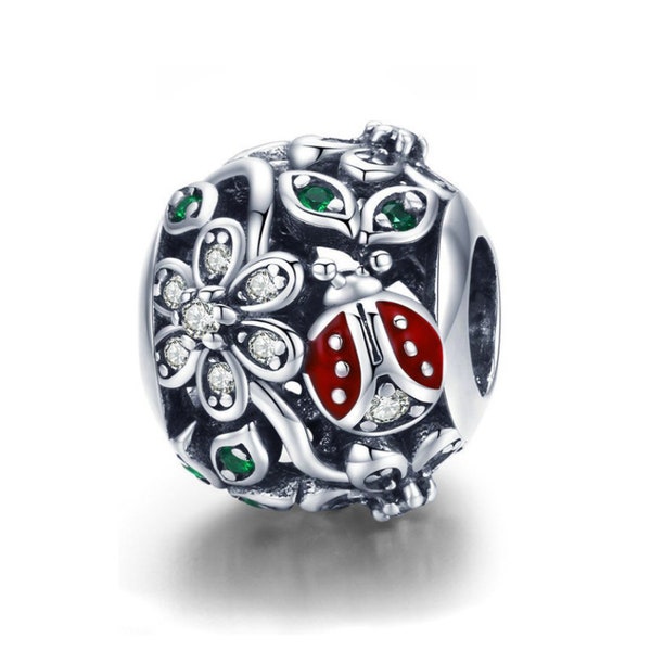 925 Sterling Silver Red Ladybug Charm Bead Fits Charm Bracelet Pendant