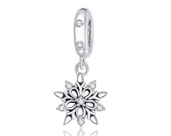 925 Sterling Silver White Snowflake Charm Bead Fits European Charm Bracelet
