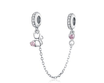 925 Sterling Silver Pink Little Cat Safety Chain Fits European Charm Bracelet