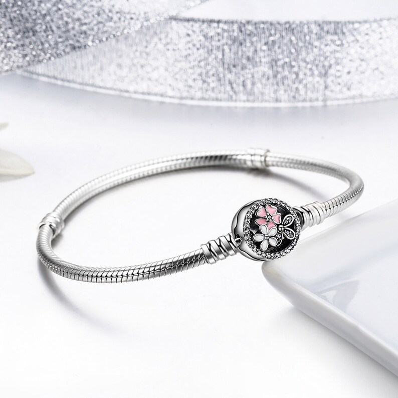 Solid 925 Sterling Silver Pink Flower Enamel Snap Clasp Snake Bracelet