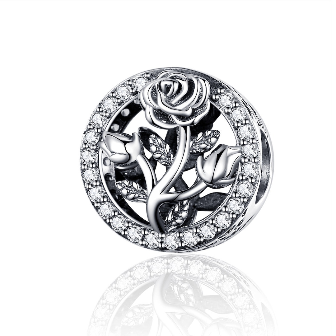 925 Sterling Silver Rose Flower Basket Bead - European Charm Bracelet & Necklace Charm, Silver Rose Pendant For Jewelry Making