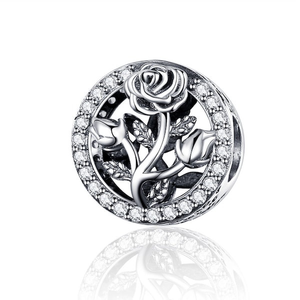 925 Sterling Silver Rose Flower Charm Bead Fits European Charm Bracelet