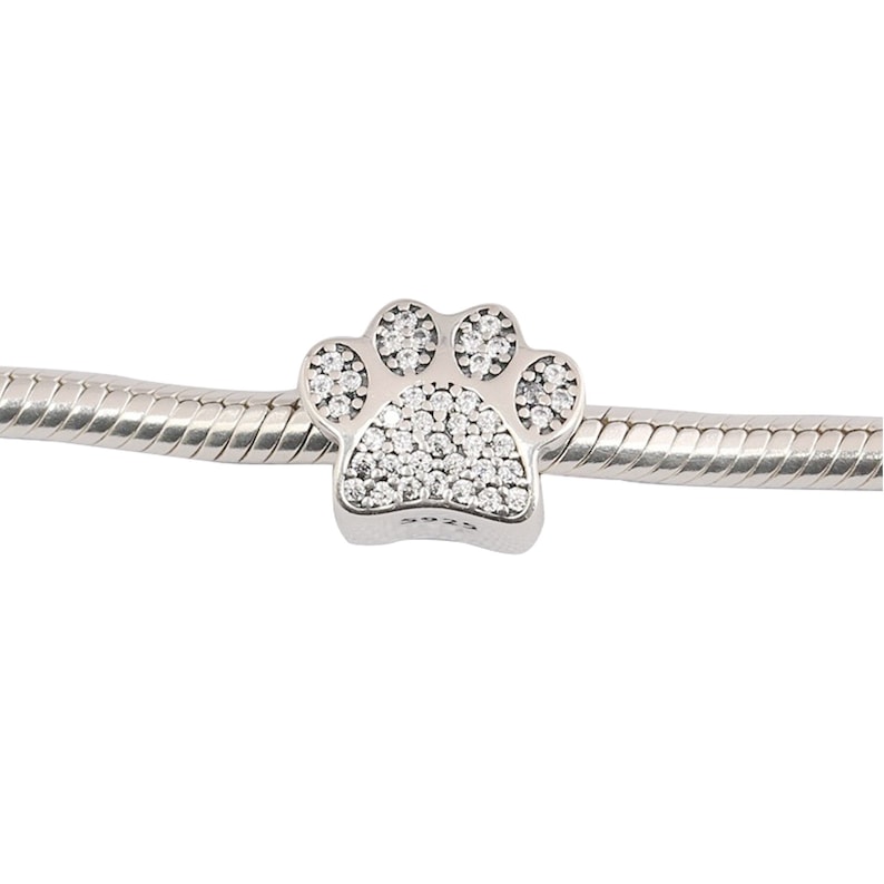May include: A silver charm in the shape of a paw print, encrusted with clear cubic zirconia stones.